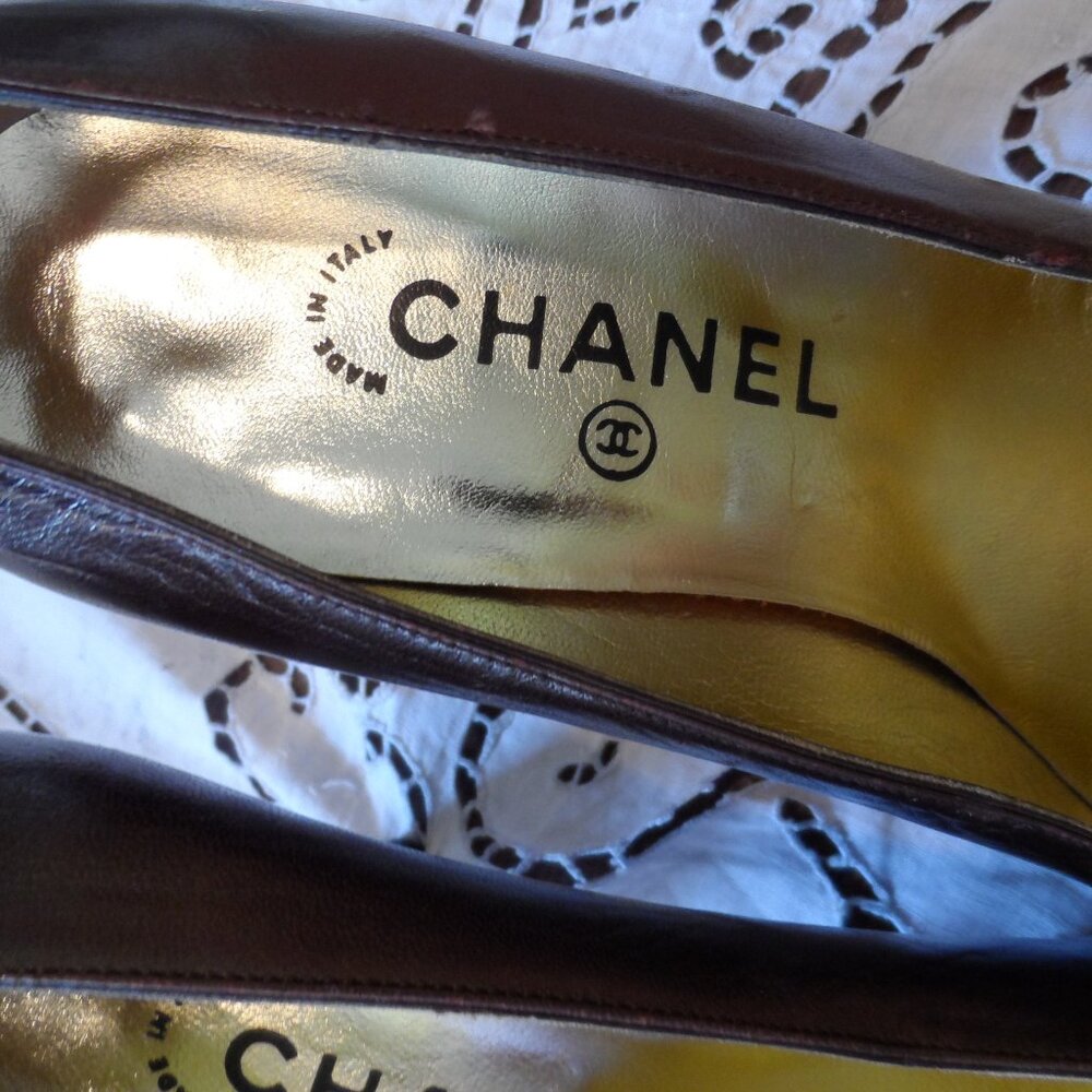 Chanel Light Brown Calf Leather Pumps w/Lizzard Trim cap Toe Size 38.5 - Picture 6 of 16